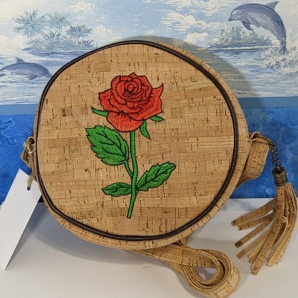 Natural Cork Rose Embroidered Round women Handbag Bag - Picture 3 of 3